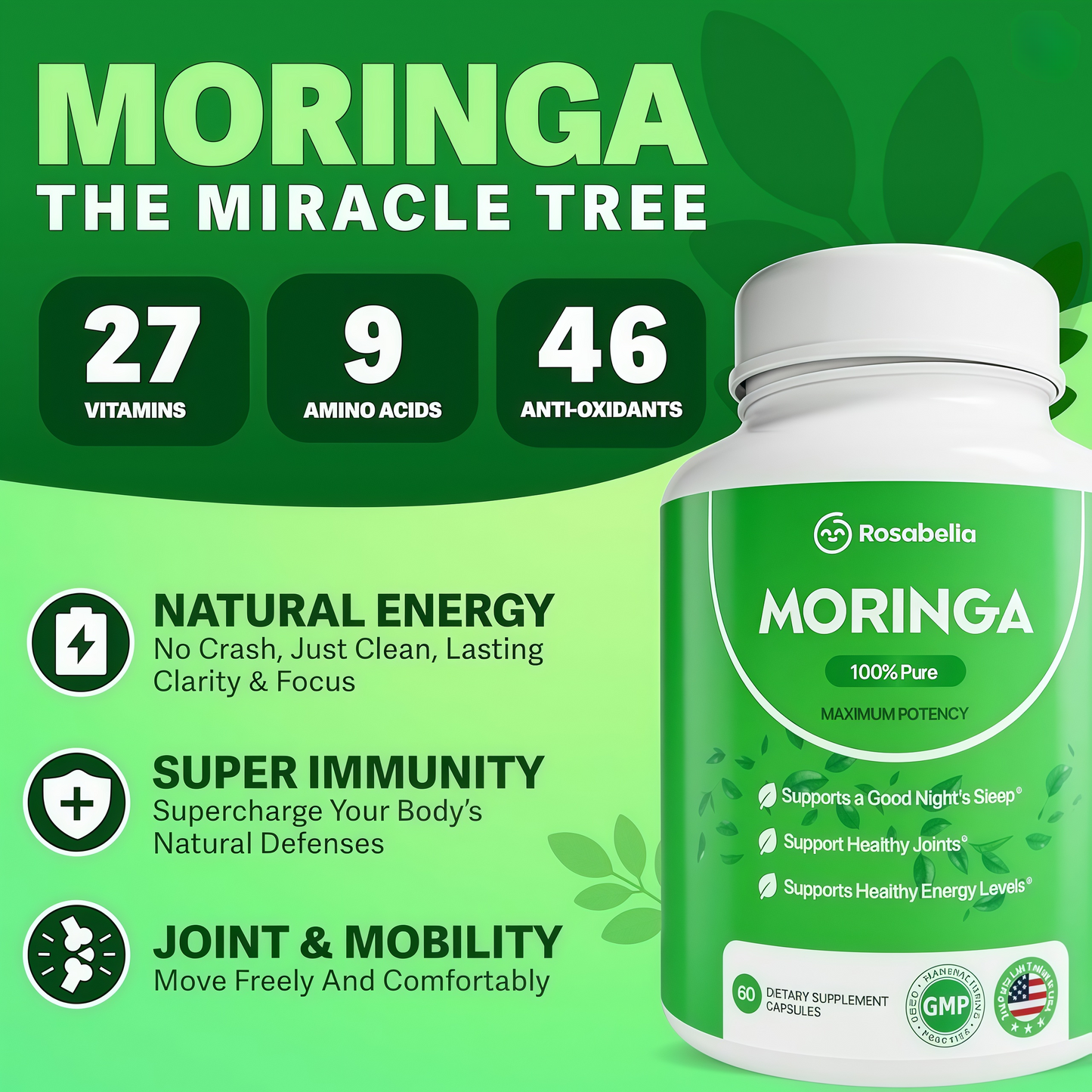 Rosabella Moringa Capsules -Pure Moringa Powder, Energy, Skin, Immune &Gut Health Superfood, Rich in Antioxidants, Essential Vitamins & Amino Acids, Natural Green Superfood Supplement-60Count