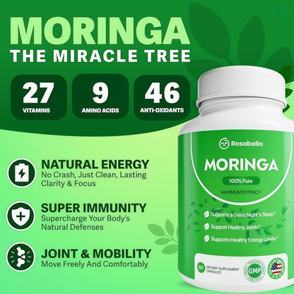 Rosabella Moringa Capsules -Pure Moringa Powder, Energy, Skin, Immune &Gut Health Superfood, Rich in Antioxidants, Essential Vitamins & Amino Acids, Natural Green Superfood Supplement-60Count