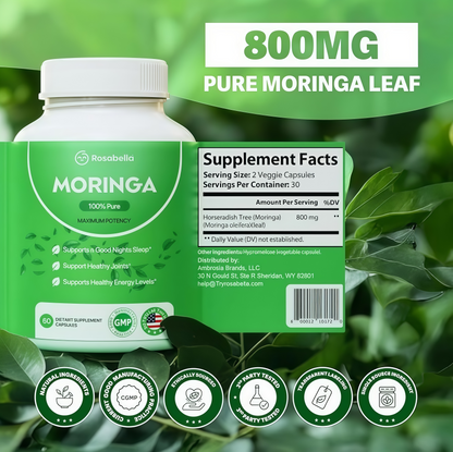 Rosabella Moringa Capsules -Pure Moringa Powder, Energy, Skin, Immune &Gut Health Superfood, Rich in Antioxidants, Essential Vitamins & Amino Acids, Natural Green Superfood Supplement-60Count